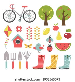 Gardening clipart. Rubber boots, trees, fruits and vegetables. Vector illustration 
