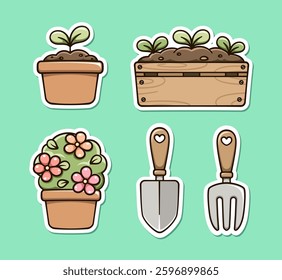 Gardening clipart set. Indoor house plants and tools. Cute spring summer digital stickers cartoon illustration.