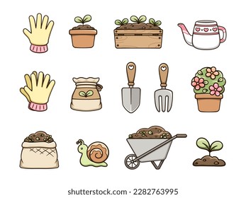 Gardening clipart set. Potted plants, garden items and planting tools. Cute spring summer digital stickers cartoon illustration.
