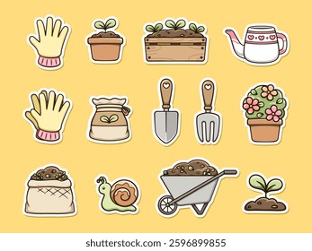 Gardening clipart set. Potted plants, garden items and planting tools. Cute spring summer digital stickers cartoon illustration.