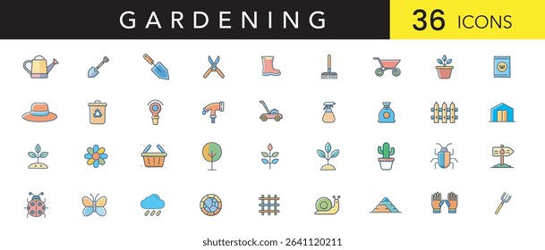 Gardening Color Icon Set – Minimal Outline Icons of Tools, Plants, and Outdoor Garden Elements