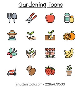 Gardening color line icon set