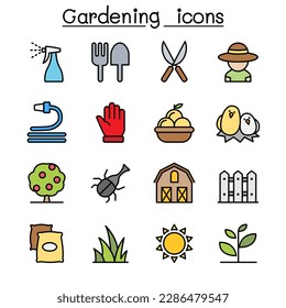 Gardening color line icon set