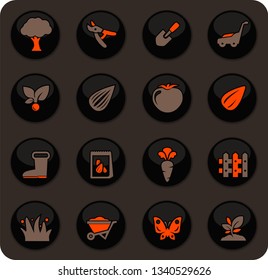 Gardening color vector icons on dark background for user interface design