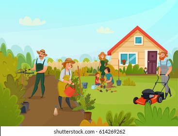 Gardening colored cartoon composition men and women are busy cleaning the garden vector illustration