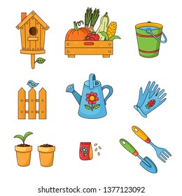 Gardening colorful cute cartoon icons vector set isolated collection