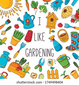 Gardening colorful doodle icons collection banner template