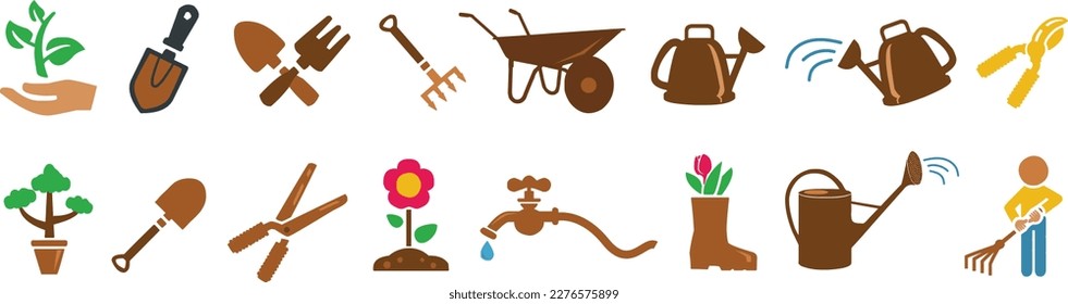 Gardening Colorful Icons Collection, Vector Garden Tools Icons Set, Flat Gardening Icons	
