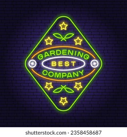 Gardening company neon emblem, label, badge, logo on chalkboard. Vector illustration. Colorful neon light design with garden seedlings . Monochrome style.