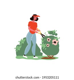 Gardening composition with character of female gardener cutting branches of bushes with scissors vector illustration