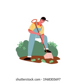 Gardening composition with character of male gardener digging garden ground vector illustration