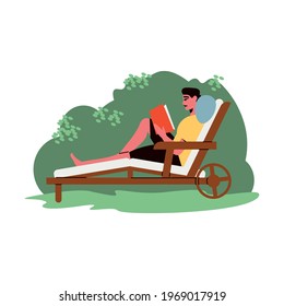 Gardening composition with human character of guy relaxing in lounge chair in the garden vector illustration