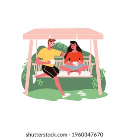 Gardening composition with human characters sitting on swing in the garden vector illustration