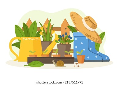 Gardening composition with watering can, rubber boots, hat and spring plants. Design for card, poster, banner, web or print. Flat vector illustration.