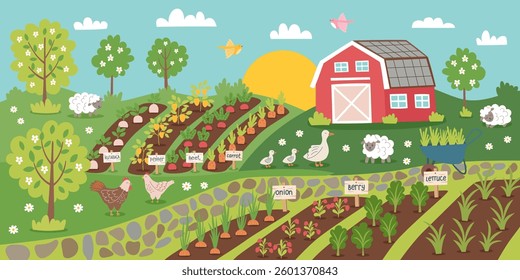 Gardening concept banner. Farming nature background. Farmhouse, planted plants and livestock. Vector hand drawn flat illustration.
