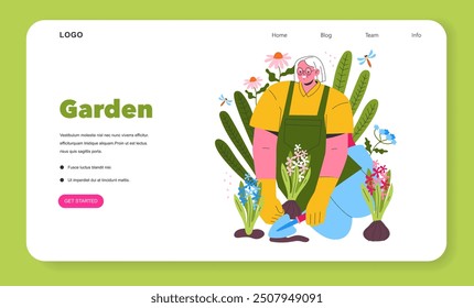 Gardening concept. Cheerful senior woman plants flowers, enjoying her hobby in nature surrounded by plants and a butterfly. Vector illustration.