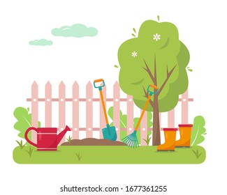 Gartenkonzeption. Frühlings- oder Sommerbanner oder Hintergrund-Vektorillustration.