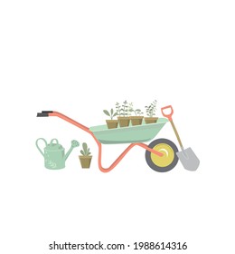 Gardening concept. Garden tools, watering can, shovel. Colorful vector illustration