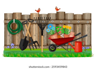 Gardening concept. Garden trolley with potted flowers. Fence, shovel, rake, wheelbarrow, watering can, flowers and pots. Wagon with plant and gardening supplies.Plants for backyard.Vector illustration