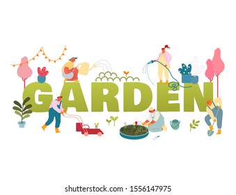 Gardening Concept. Gardeners Planting and Caring of Trees and Plants Working in Summer Garden Watering, Digging Soil Care of Flowers Poster Banner Flyer Brochure. Cartoon Flat Vector Illustration