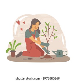 Gardening concept with a girl planting a tree in back yard withing outdoor activity in flat cartoon style with modern trendy beige colors. Isolated vector illustration.