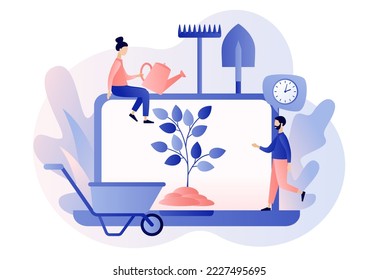 Gardening concept. Growing plants online. Gardening equipment planting tree. Country life. Modern flat cartoon style. Vector illustration on white background
