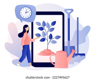 Gardening concept. Growing plants in smartphone app. Gardening equipment planting tree. Country life. Modern flat cartoon style. Vector illustration on white background
