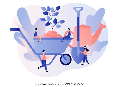 Gardening concept. Growing plants. Tiny people with gardening equipment planting tree. Country life. Modern flat cartoon style. Vector illustration on white background

