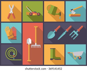 Gardening Concept. Horizontal flat design illustration with gardening tools and equipment