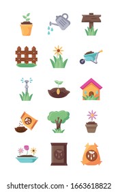 conjunto de iconos de concepto de jardinería sobre fondo blanco, icono de estilo de detalle plano, ilustración vectorial