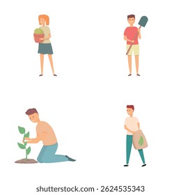Gardening concept icons set cartoon vector. People character working in garden. Nature and ecology
