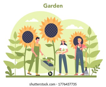 Gardening concept. Idea of horticultural designer business. Character planting trees and bush. Special tool for work, shovel and flowerpot, hose. Isolated flat illustration