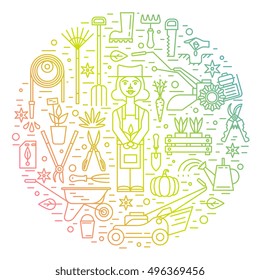 Gardening concept illustration with Farmer and Equipment in circle. Line art modern style, Elements for icon, banner, isolated on white background. Design in circle for emblem, sticker, cover.