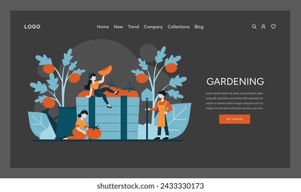 Gardening concept. Joyful individuals tend to their garden, showcasing the serene pleasure of nurturing plants and the beauty of homegrown produce. Vector illustration