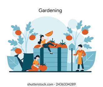 Gardening concept. Joyful individuals tend to their garden, showcasing the serene pleasure of nurturing plants and the beauty of homegrown produce. Vector illustration