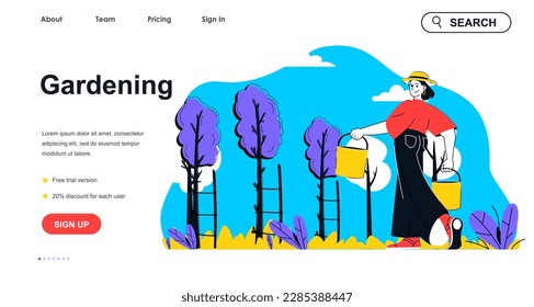 Gardening concept for landing page template. Woman holding buckets and caring for tree seedlings. Planting and farming people scene. Vector illustration with flat character design for web banner