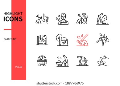 Gardening concept - line design style icons set. Summer activity, occupation. Watering pot, gardener, sprayer, planting, tools, fertilizer, raking, cutting, basket, wheelbarrow, hose, crop images