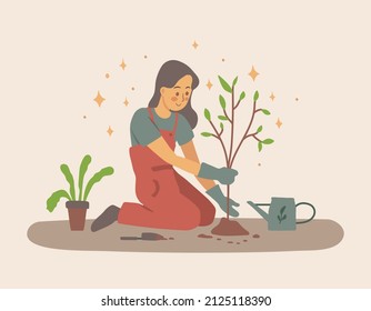 Gardening concept with a person planting a tree with shovel, woman doing outdoor activity in flat cartoon style in modern trendy beige colors. Isolated vector illustration.