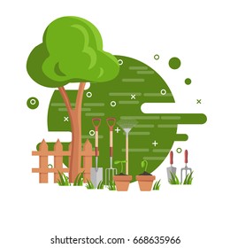 Gardening concept poster. Flat vector illustration with tree, seeding in pots, spade, garden fork and trowel