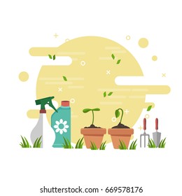 Gardening concept poster. Flat vector illustration with pesticide bottles, seeding in pots, spade, garden fork and trowel