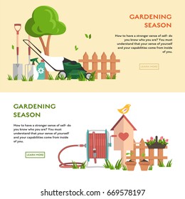 Gardening concept poster. Flat vector illustration with tree, lawnmower, hose reel. Template background for site with sets of objects