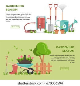 Gardening concept poster. Flat vector illustration with seeding in pots, spade, garden fork, trowel, wheelbarrow and hose reel. Template background for site with sets of objects