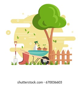 Gardening concept poster. Flat vector illustration with tree, fence, boots, fork, plants in pots, wheelbarrow and bottles