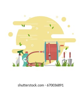 Gardening concept poster. Flat vector illustration with garden fork and trowel, hose reel and bottles