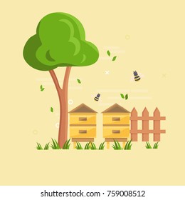 Gardening concept poster. Flat vector illustration with beehive