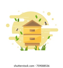 Gardening concept poster. Flat vector illustration with beehive