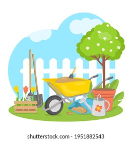 Gardening concept. Spring planting. Garden tools, wheelbarrow, plants and flowers. Vector illustration.