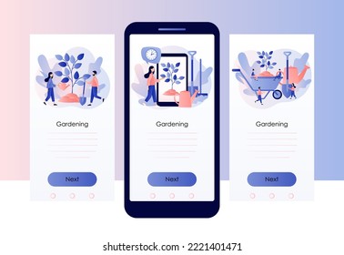 Gardening concept. Tiny people with gardening equipment planting tree. Country life. Growing plants. Screen template for mobile, smartphone app. Modern flat cartoon style. Vector illustration