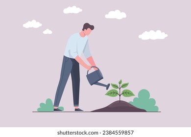 Gardening concept, tree planting, watering tree, agricultural worker, growing a tree, tree planting vector illustration