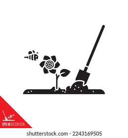 Icono de glifo vectorial de concepto de jardinería. Sacudida en suelo, flor y símbolo de abeja